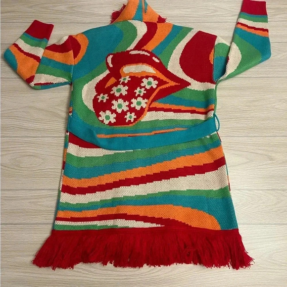 Dee Elly Print Red Fringe Long Open Cardigan Women’s size Small - Picture 13 of 14